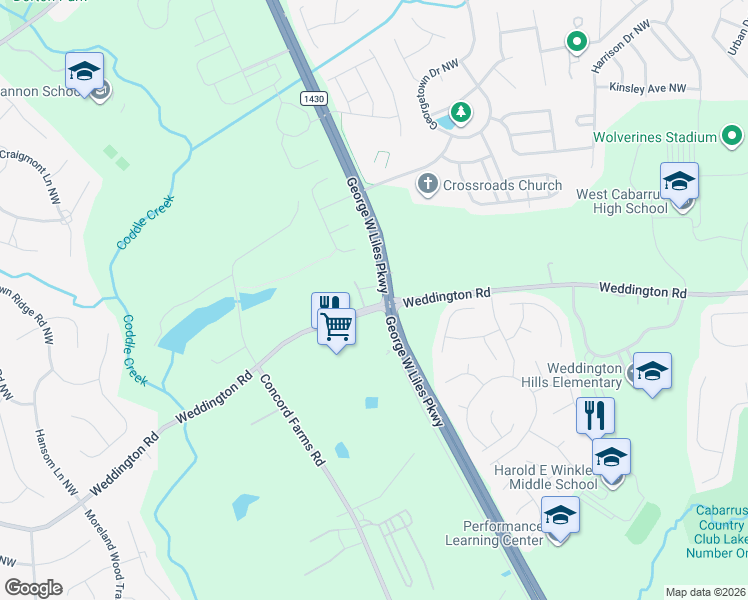 map of restaurants, bars, coffee shops, grocery stores, and more near 4940 State Road 1431 in Concord