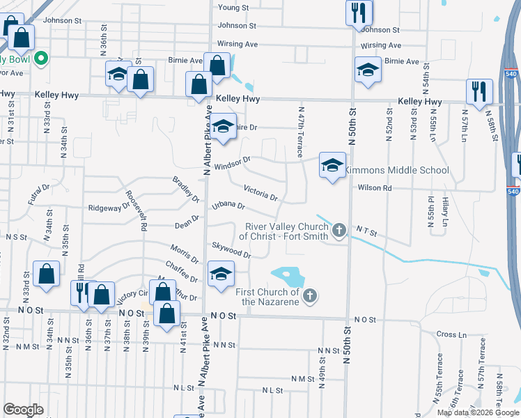 map of restaurants, bars, coffee shops, grocery stores, and more near 4509 Urbana Drive in Fort Smith