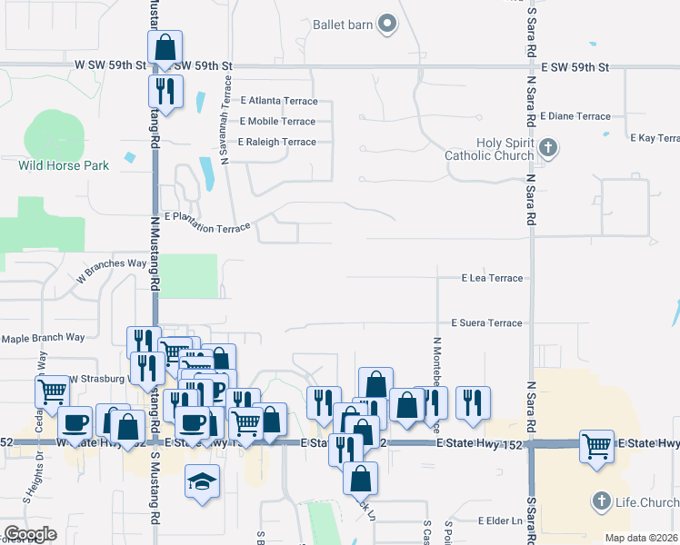 map of restaurants, bars, coffee shops, grocery stores, and more near 405 East Lea Terrace in Mustang