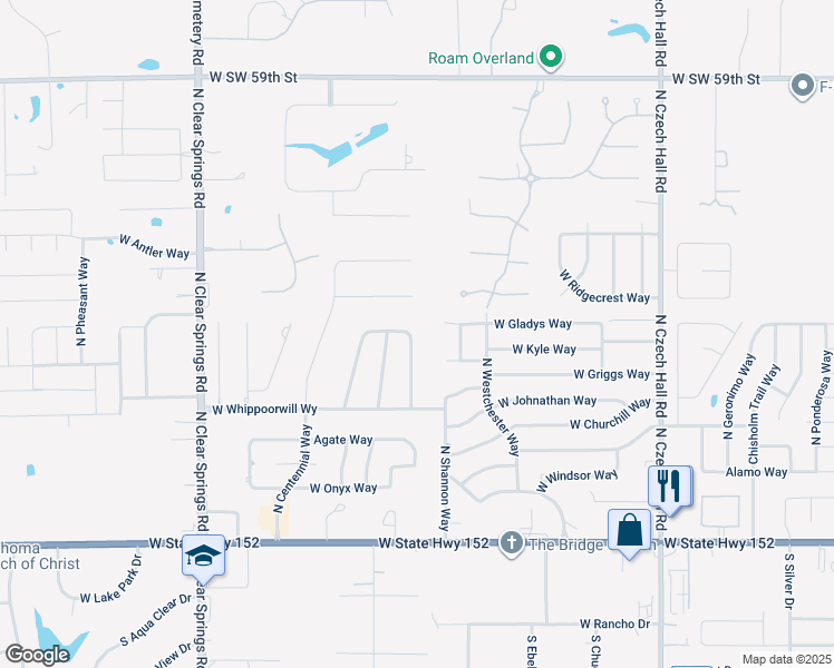 map of restaurants, bars, coffee shops, grocery stores, and more near 716 North Robin Way in Mustang