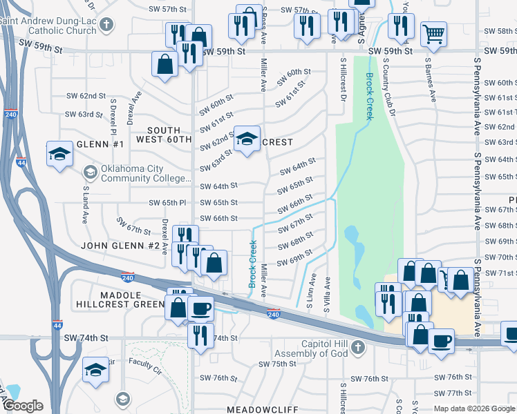 map of restaurants, bars, coffee shops, grocery stores, and more near 2704 Southwest 65th Street in Oklahoma City