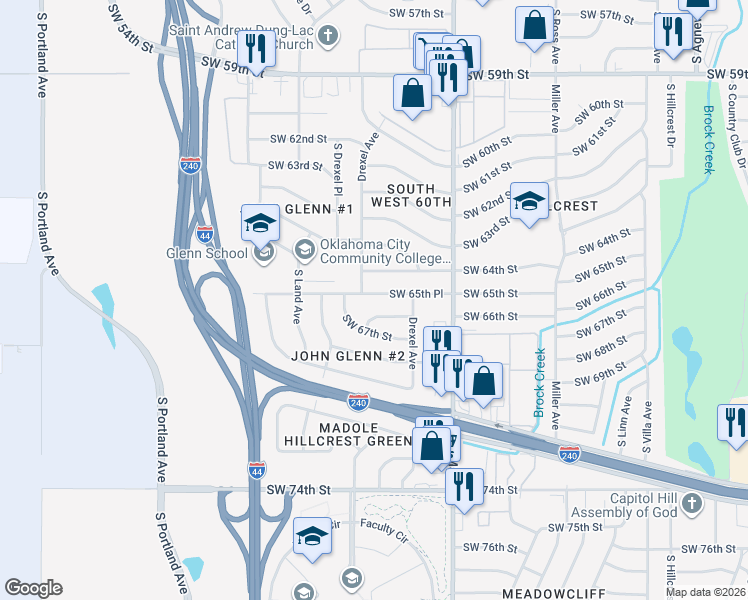 map of restaurants, bars, coffee shops, grocery stores, and more near 3032 Southwest 65th Place in Oklahoma City