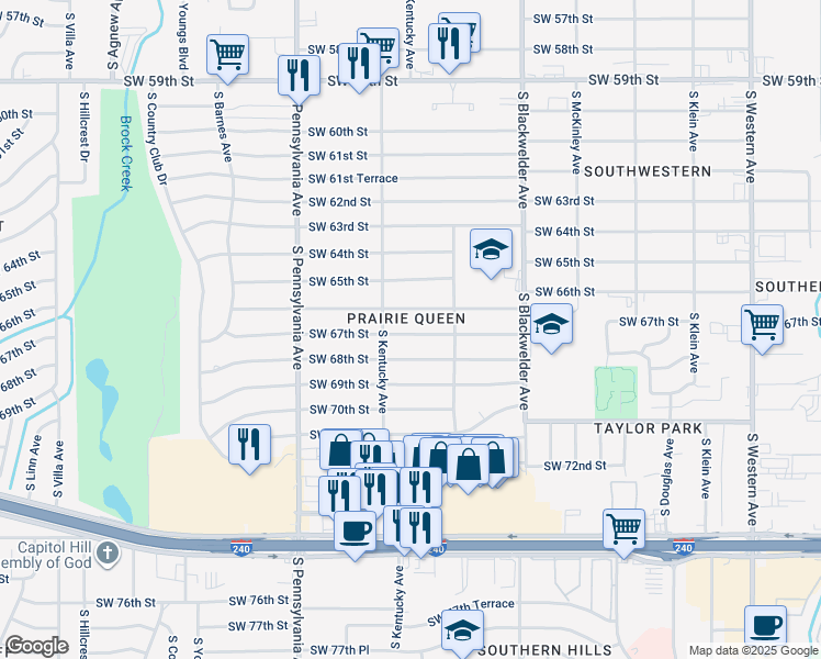 map of restaurants, bars, coffee shops, grocery stores, and more near 1429 Southwest 67th Street in Oklahoma City