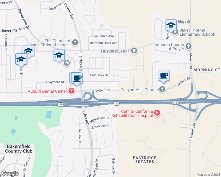 map of restaurants, bars, coffee shops, grocery stores, and more near 6016 Auburn Street in Bakersfield