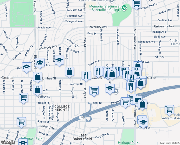 map of restaurants, bars, coffee shops, grocery stores, and more near 2800 Cornell Street in Bakersfield
