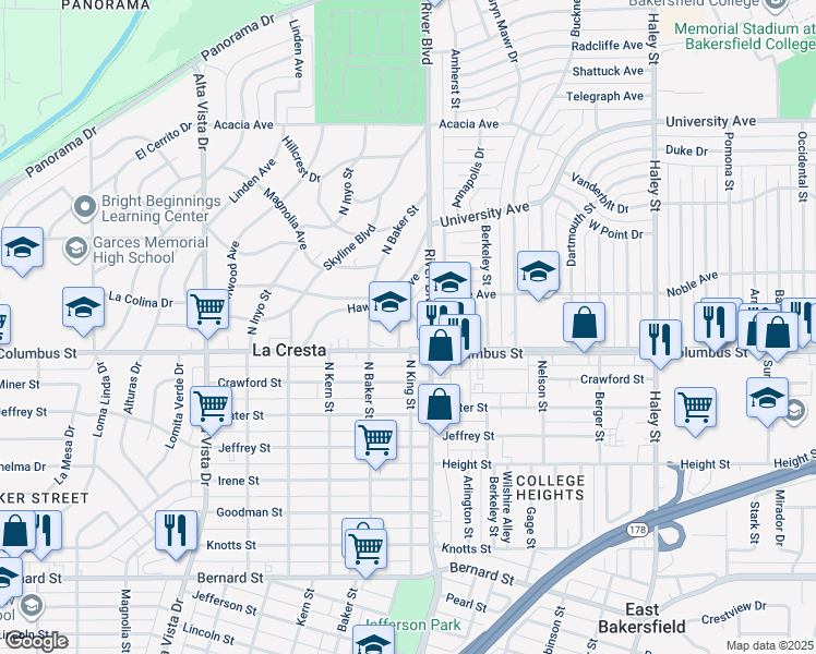 map of restaurants, bars, coffee shops, grocery stores, and more near 809 Skyline Avenue in Bakersfield