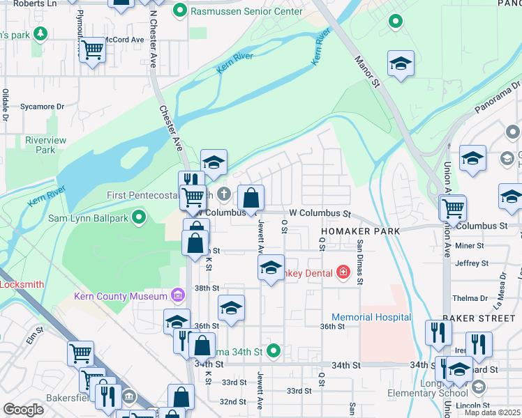 map of restaurants, bars, coffee shops, grocery stores, and more near 4201 Jewett Avenue in Bakersfield