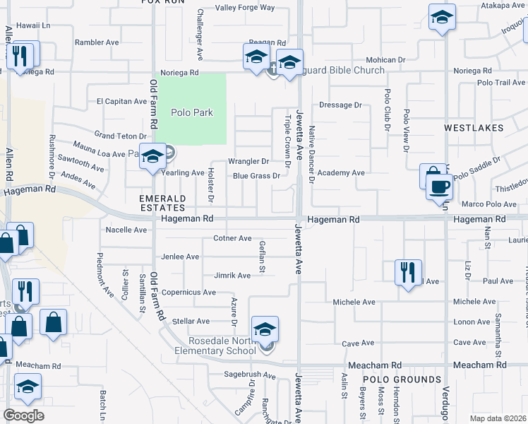 map of restaurants, bars, coffee shops, grocery stores, and more near 4201 Jewetta Avenue in Bakersfield