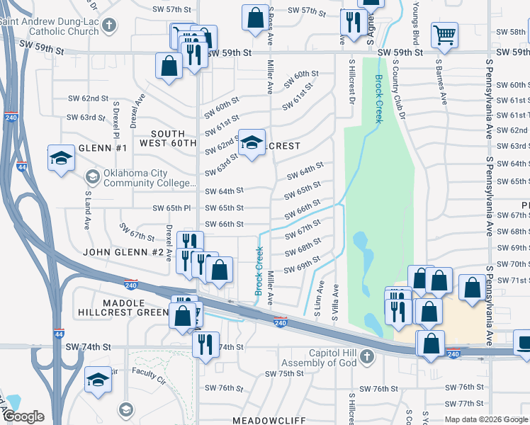 map of restaurants, bars, coffee shops, grocery stores, and more near 2704 Southwest 65th Street in Oklahoma City
