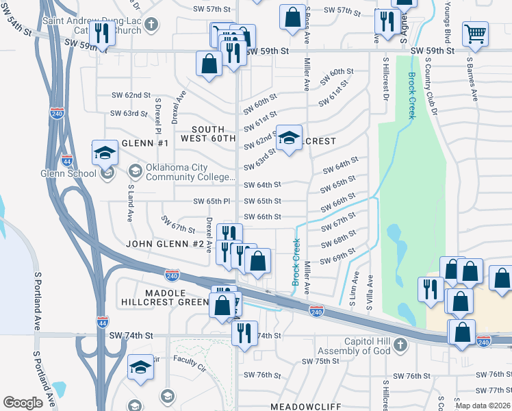 map of restaurants, bars, coffee shops, grocery stores, and more near 2821 Southwest 65th Street in Oklahoma City