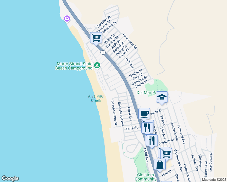 map of restaurants, bars, coffee shops, grocery stores, and more near 150 Java Street in Morro Bay