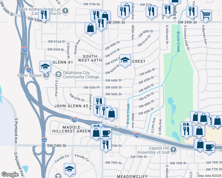 map of restaurants, bars, coffee shops, grocery stores, and more near 2821 Southwest 65th Street in Oklahoma City