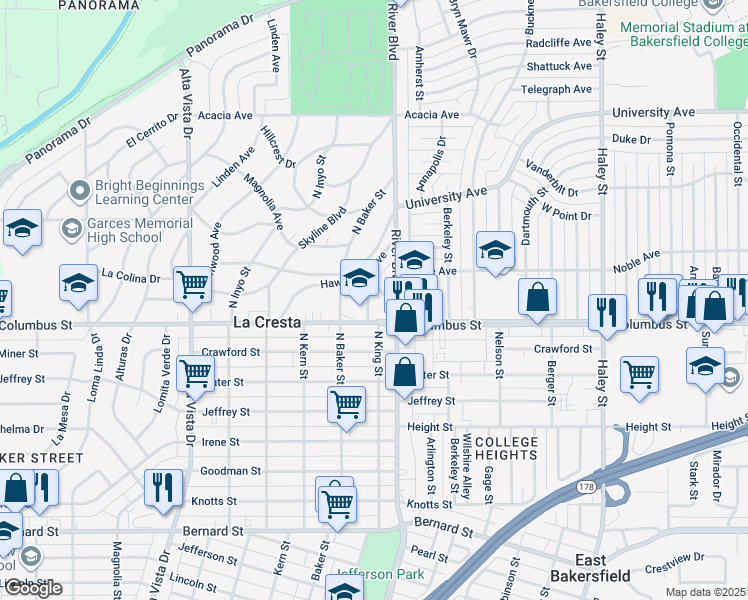 map of restaurants, bars, coffee shops, grocery stores, and more near 2711 Hufft Street in Bakersfield