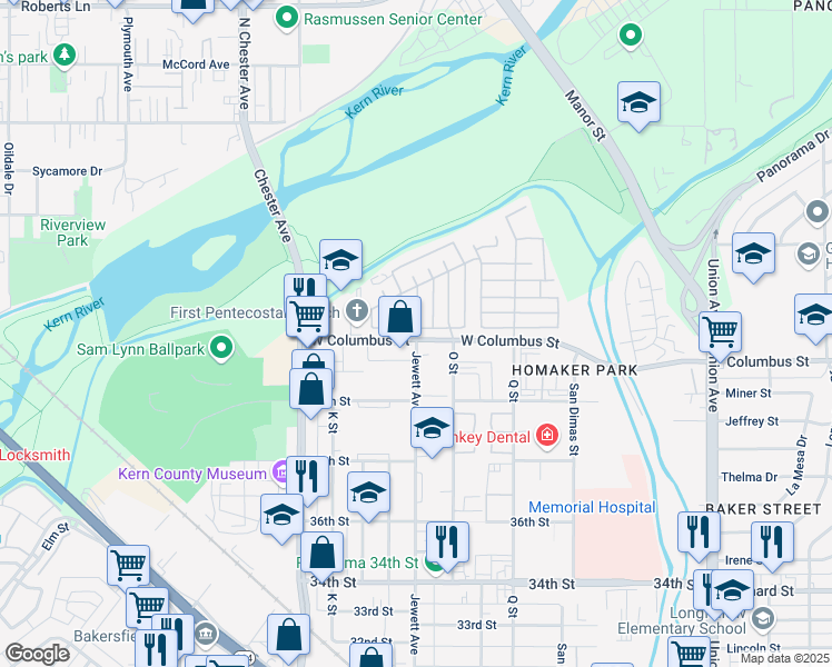 map of restaurants, bars, coffee shops, grocery stores, and more near 4201 Jewett Avenue in Bakersfield