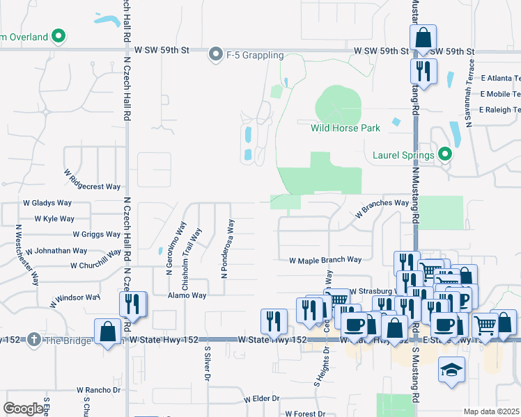 map of restaurants, bars, coffee shops, grocery stores, and more near 530 West Geronimo Court Way in Mustang