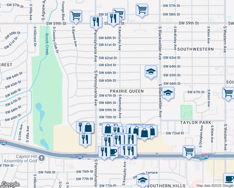 map of restaurants, bars, coffee shops, grocery stores, and more near 1505 Southwest 67th Street in Oklahoma City