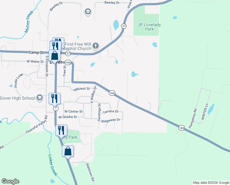 map of restaurants, bars, coffee shops, grocery stores, and more near 636 Arkansas 164 in Dover
