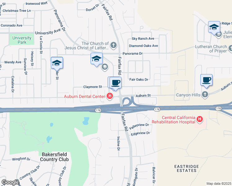 map of restaurants, bars, coffee shops, grocery stores, and more near 5600 Auburn Street in Bakersfield