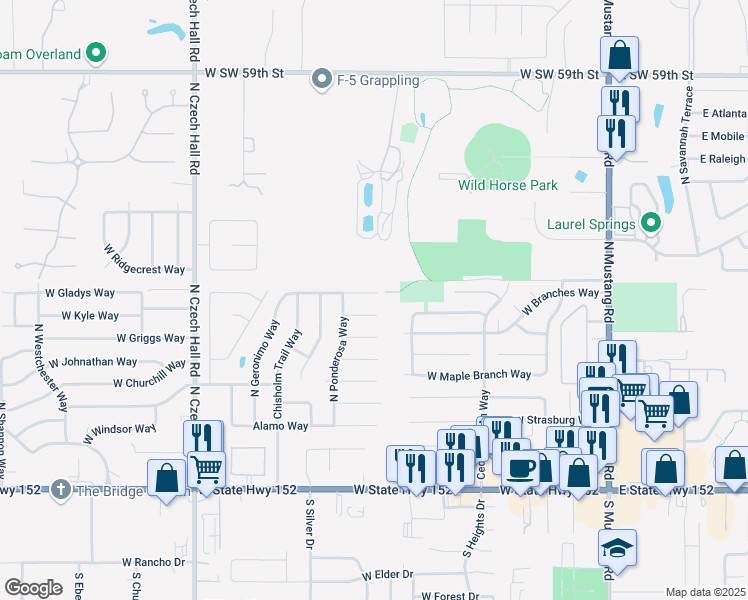 map of restaurants, bars, coffee shops, grocery stores, and more near 530 West Geronimo Court Way in Mustang