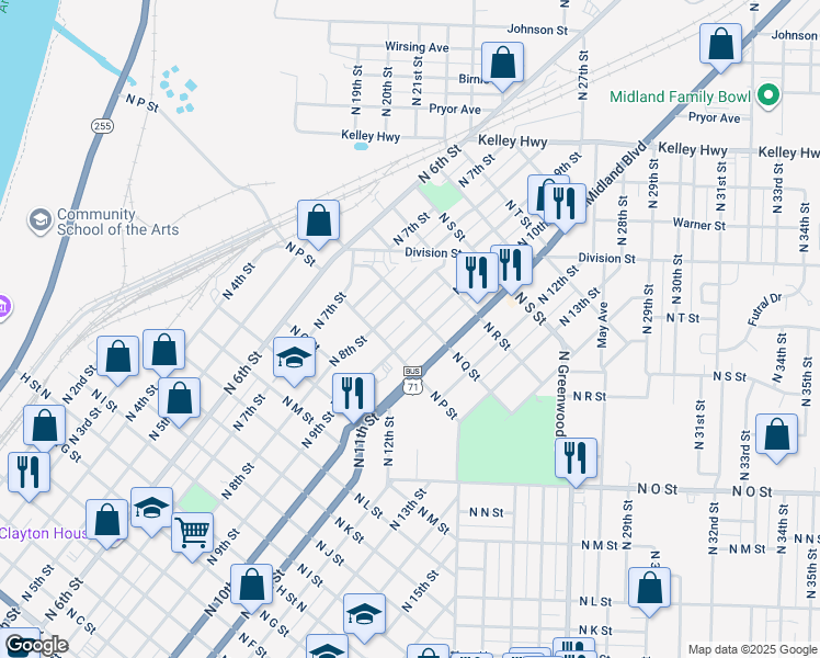 map of restaurants, bars, coffee shops, grocery stores, and more near 1714 North 8th Street in Fort Smith