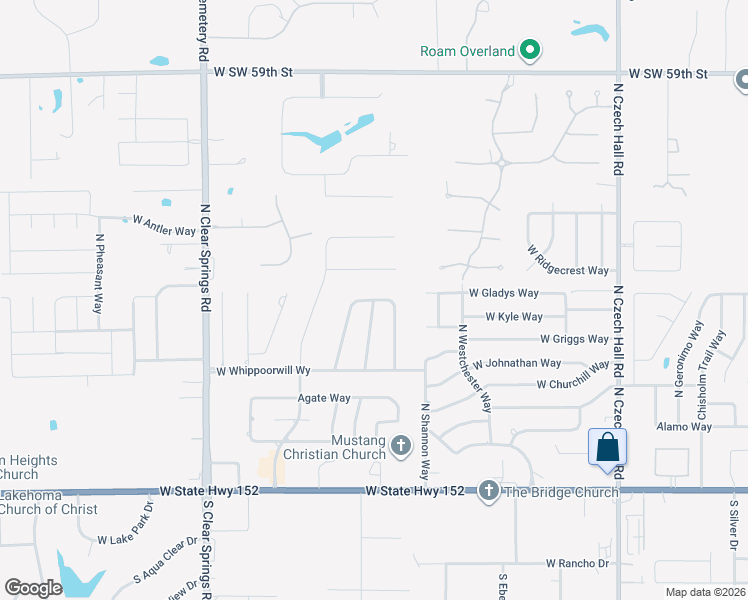 map of restaurants, bars, coffee shops, grocery stores, and more near West Park Way in Mustang