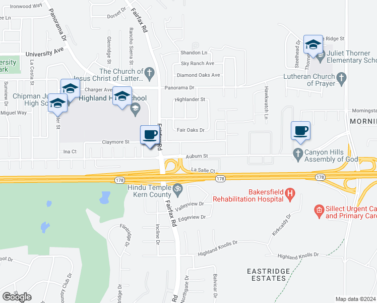 map of restaurants, bars, coffee shops, grocery stores, and more near 5904 Auburn Street in Bakersfield
