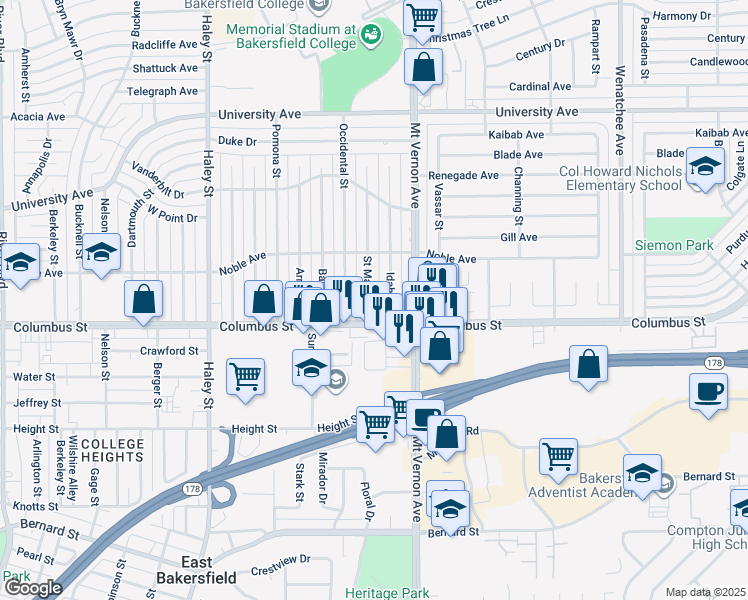 map of restaurants, bars, coffee shops, grocery stores, and more near 2717 Saint Marys Street in Bakersfield