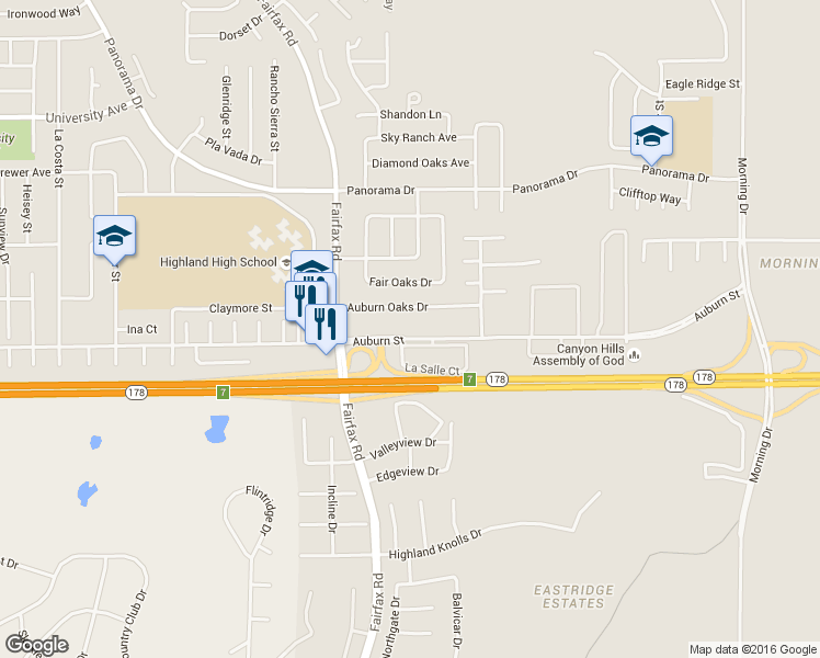 map of restaurants, bars, coffee shops, grocery stores, and more near 5908 Auburn Street in Bakersfield