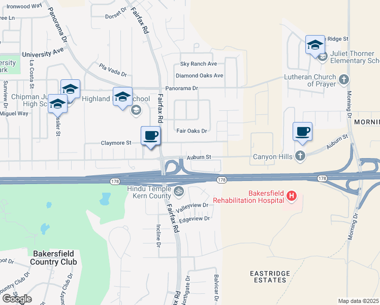 map of restaurants, bars, coffee shops, grocery stores, and more near 5908 Auburn Street in Bakersfield