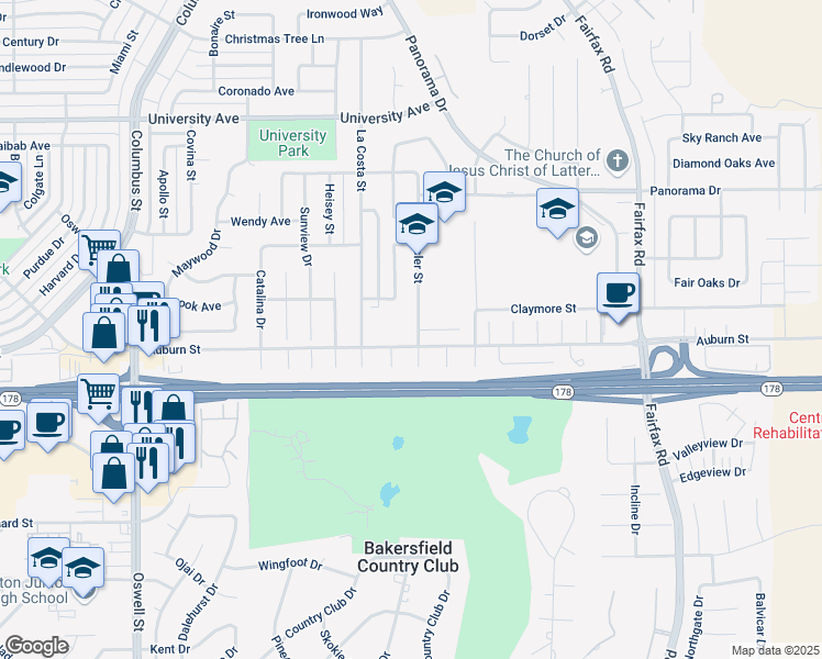 map of restaurants, bars, coffee shops, grocery stores, and more near 2708 Eissler Street in Bakersfield