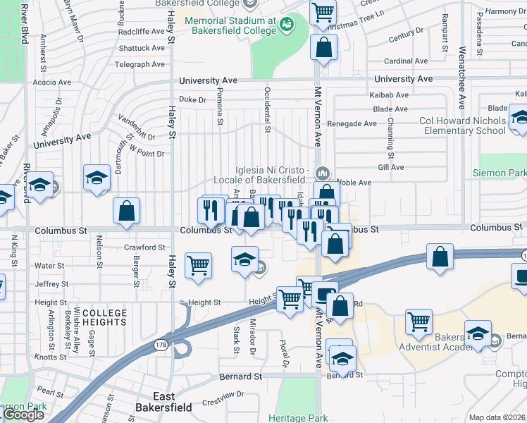 map of restaurants, bars, coffee shops, grocery stores, and more near 2720 Occidental Street in Bakersfield