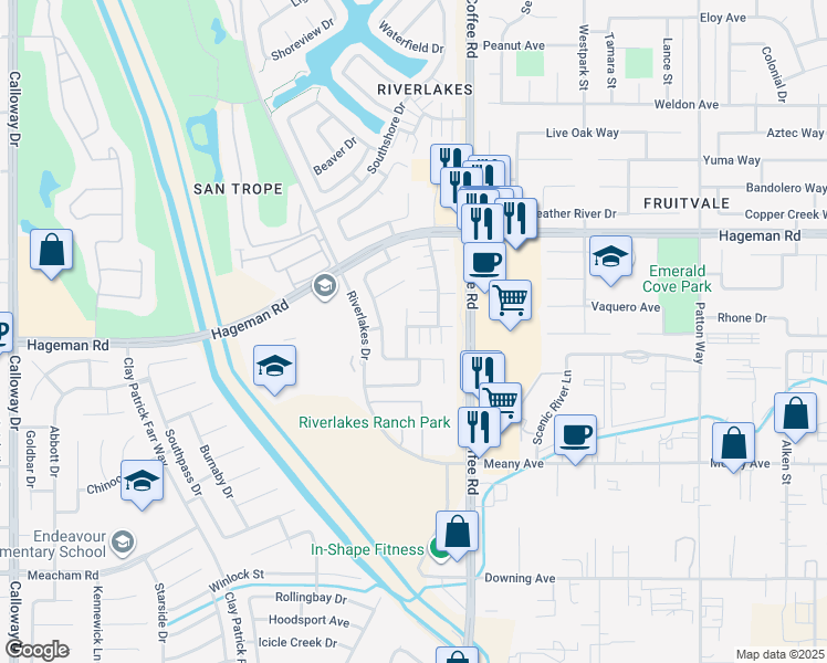 map of restaurants, bars, coffee shops, grocery stores, and more near 8211 Pebble Cove Court in Bakersfield