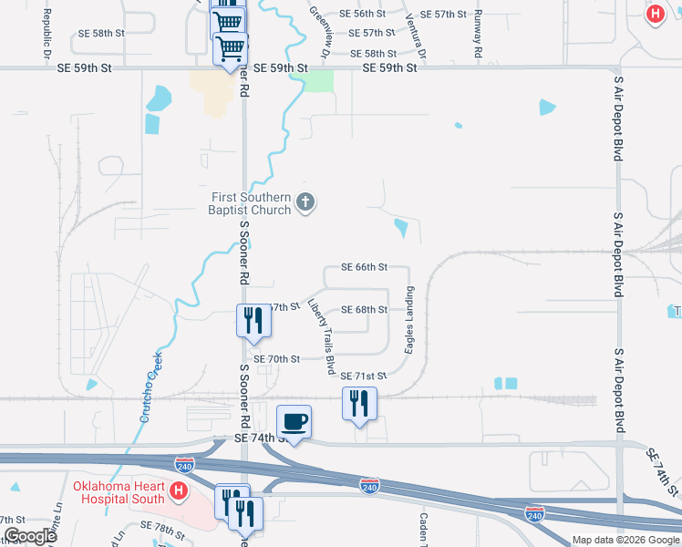 map of restaurants, bars, coffee shops, grocery stores, and more near 5932 Southeast 66th Street in Oklahoma City