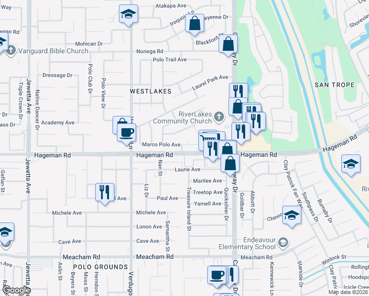 map of restaurants, bars, coffee shops, grocery stores, and more near 10111 Marco Polo Avenue in Bakersfield