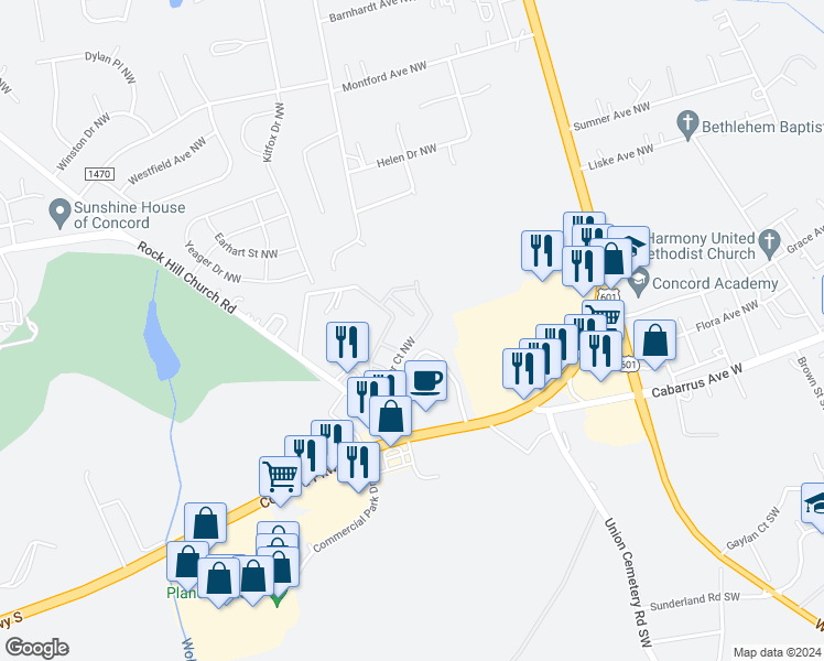 map of restaurants, bars, coffee shops, grocery stores, and more near 790 Cloister Court Northwest in Concord