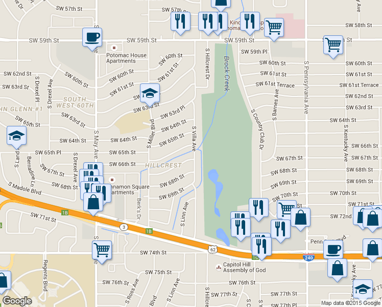map of restaurants, bars, coffee shops, grocery stores, and more near 2709 Southwest 64th Street in Oklahoma City