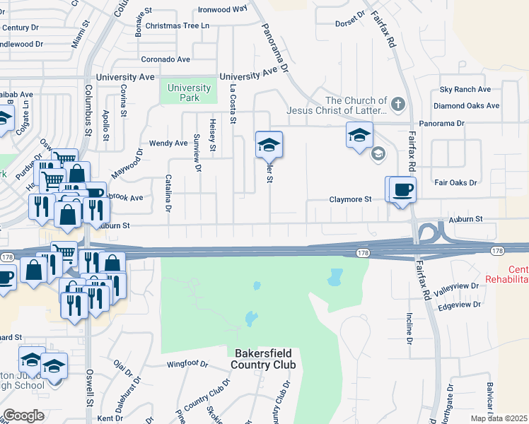 map of restaurants, bars, coffee shops, grocery stores, and more near 2708 Eissler Street in Bakersfield
