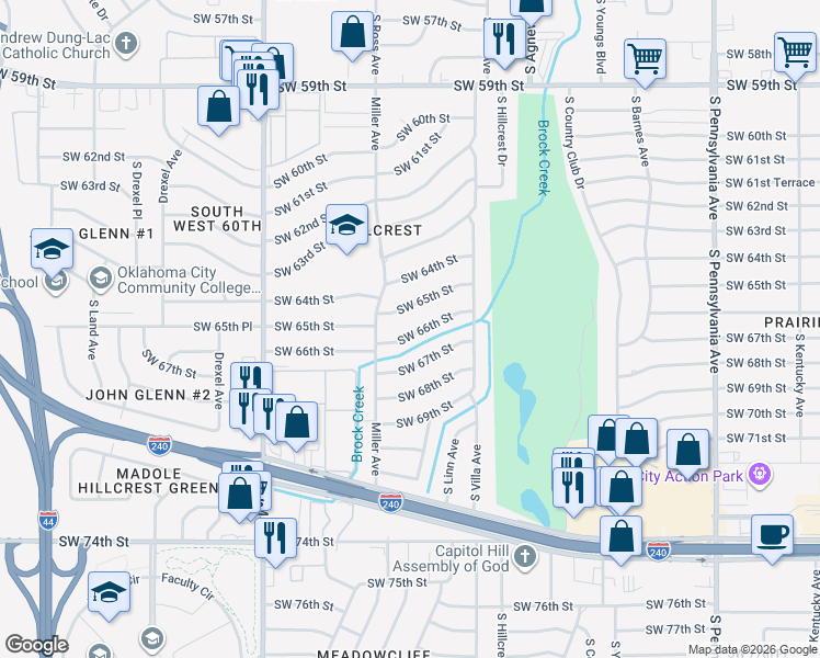 map of restaurants, bars, coffee shops, grocery stores, and more near 2609 Southwest 66th Street in Oklahoma City