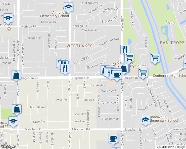 map of restaurants, bars, coffee shops, grocery stores, and more near 10111 Marco Polo Avenue in Bakersfield