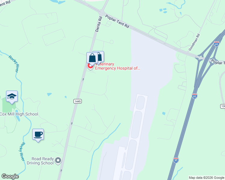 map of restaurants, bars, coffee shops, grocery stores, and more near 1105 Mistywood Lane in Concord