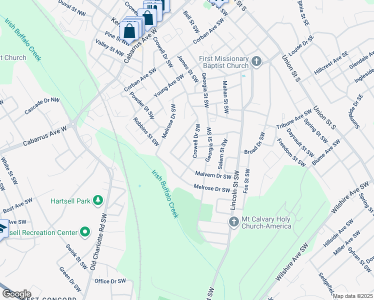 map of restaurants, bars, coffee shops, grocery stores, and more near Shannon Drive Southwest in Concord