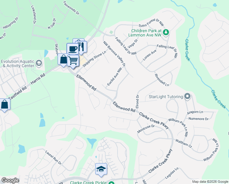map of restaurants, bars, coffee shops, grocery stores, and more near 10654 Northwest Rippling Stream Drive in Concord