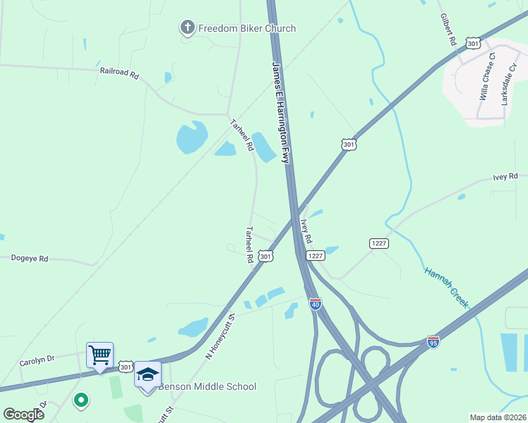 map of restaurants, bars, coffee shops, grocery stores, and more near 200 Tarheel Road in Benson