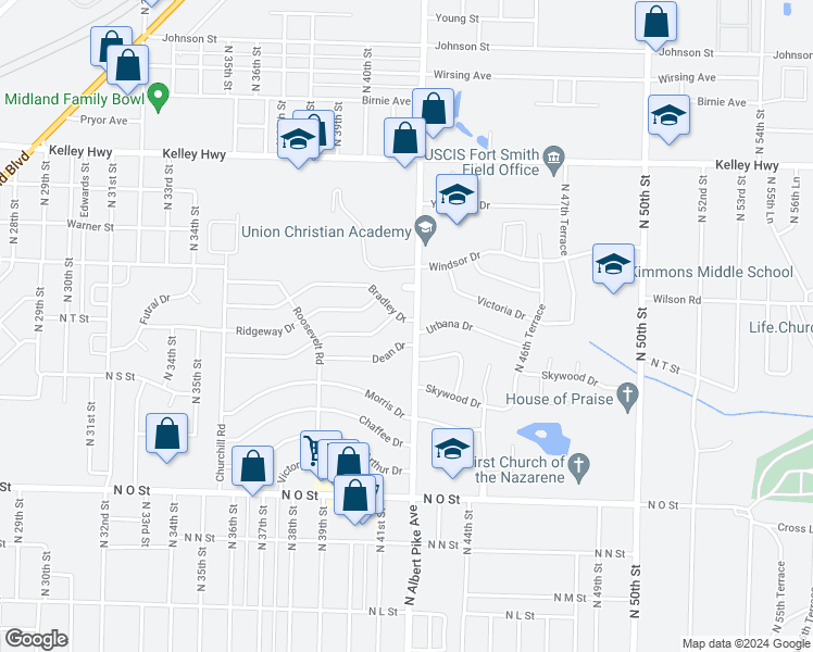 map of restaurants, bars, coffee shops, grocery stores, and more near 4120 Bradley Drive in Fort Smith
