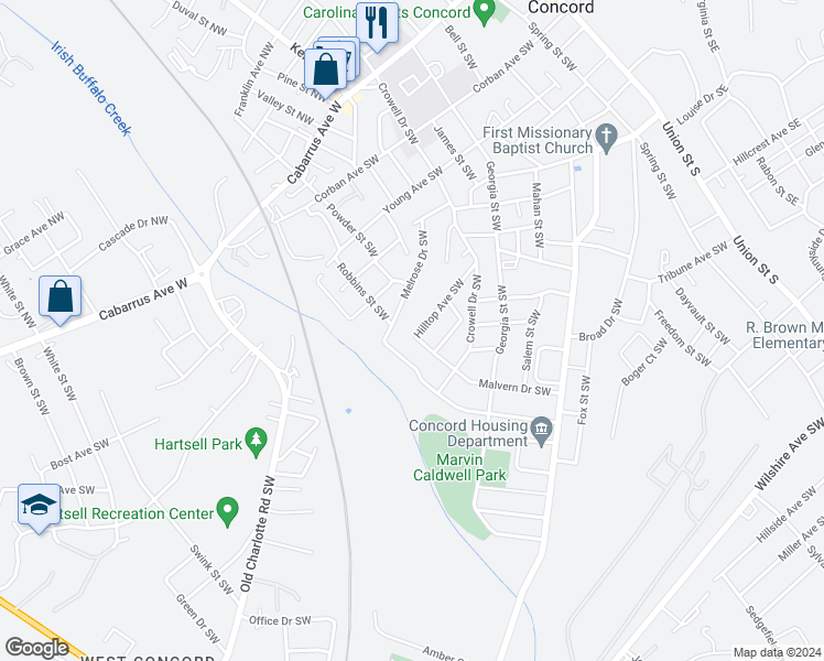 map of restaurants, bars, coffee shops, grocery stores, and more near 306 Hilltop Avenue Southwest in Concord
