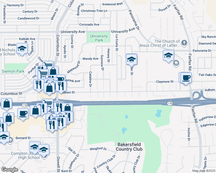 map of restaurants, bars, coffee shops, grocery stores, and more near 2716 Loch Fern Court in Bakersfield