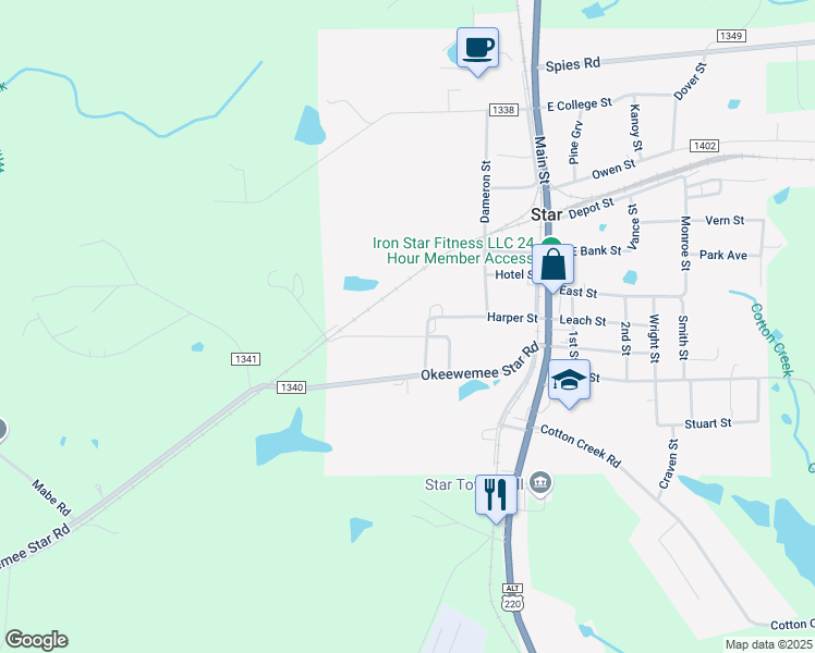 map of restaurants, bars, coffee shops, grocery stores, and more near 318 Brewer Street in Star