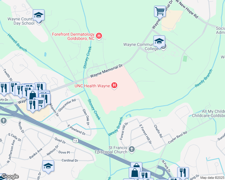 map of restaurants, bars, coffee shops, grocery stores, and more near 2700 Wayne Memorial Drive in Goldsboro