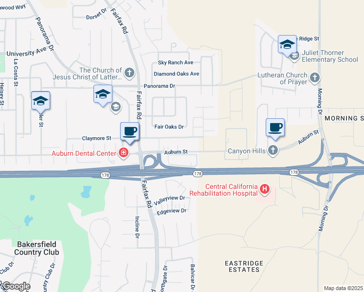 map of restaurants, bars, coffee shops, grocery stores, and more near 6016 Auburn Street in Bakersfield