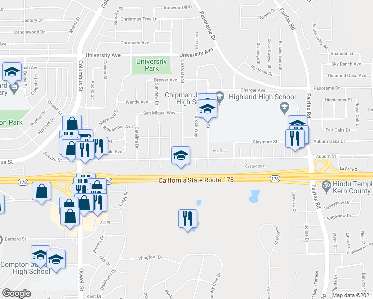 map of restaurants, bars, coffee shops, grocery stores, and more near 2708 La Costa Street in Bakersfield